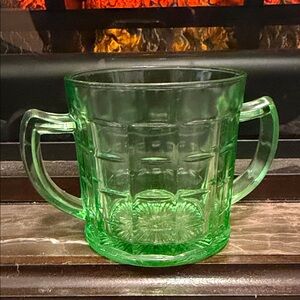 Hazel Atlas Green Depression Glass Sugar Holder with Handles Glows!!